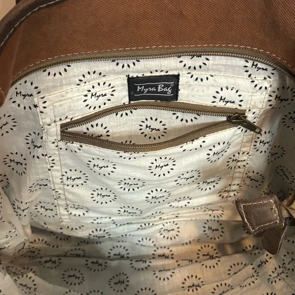 Myra Bag Brick Brown Leather Red Tan Embroidered Cotton Canvas Tote - Picture 10 of 11